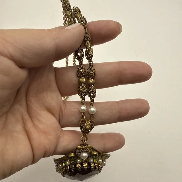 WEST GERMANY Brown Slag Glass Faux Pearl & Rhinestone Necklace Vintage Jewelry - Picture 4 of 6